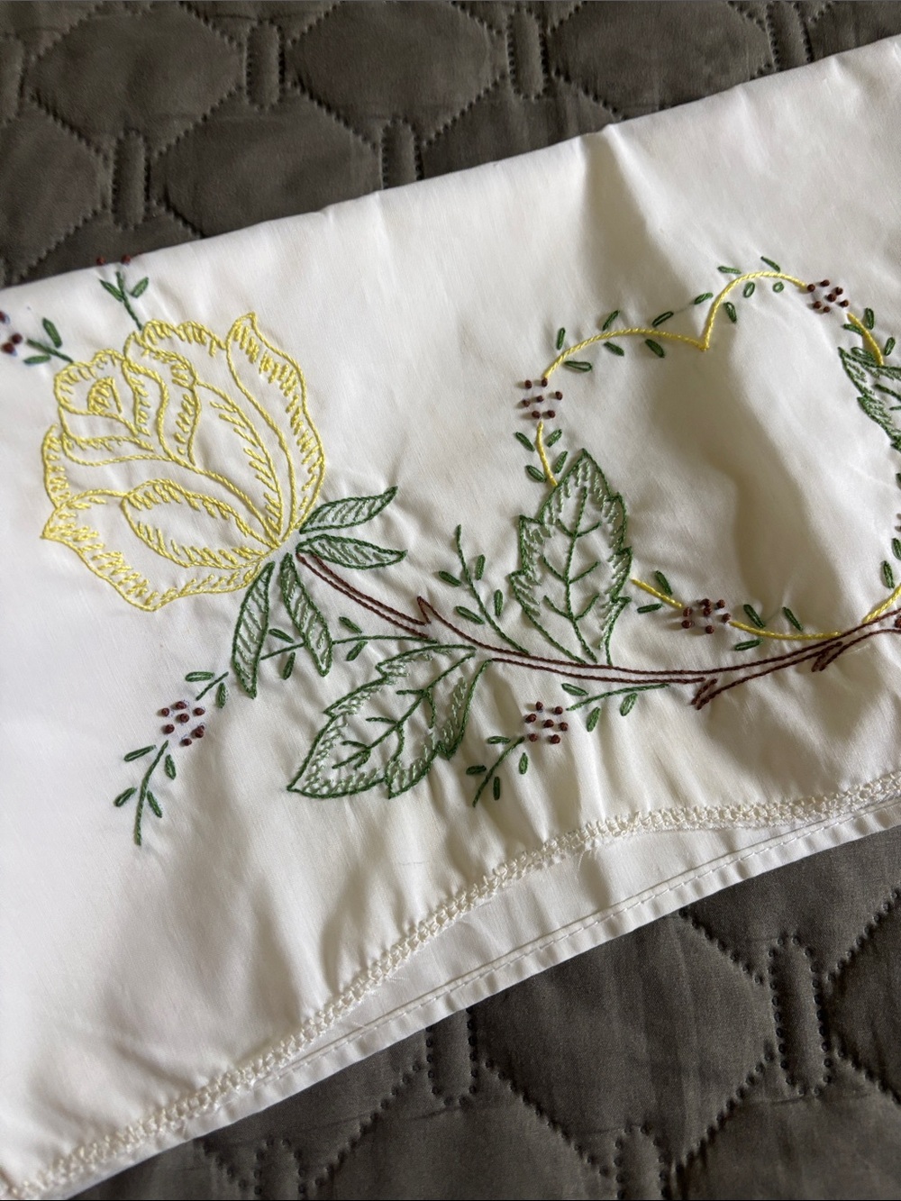 Embroidered Yellow Rose Pillow Case - single